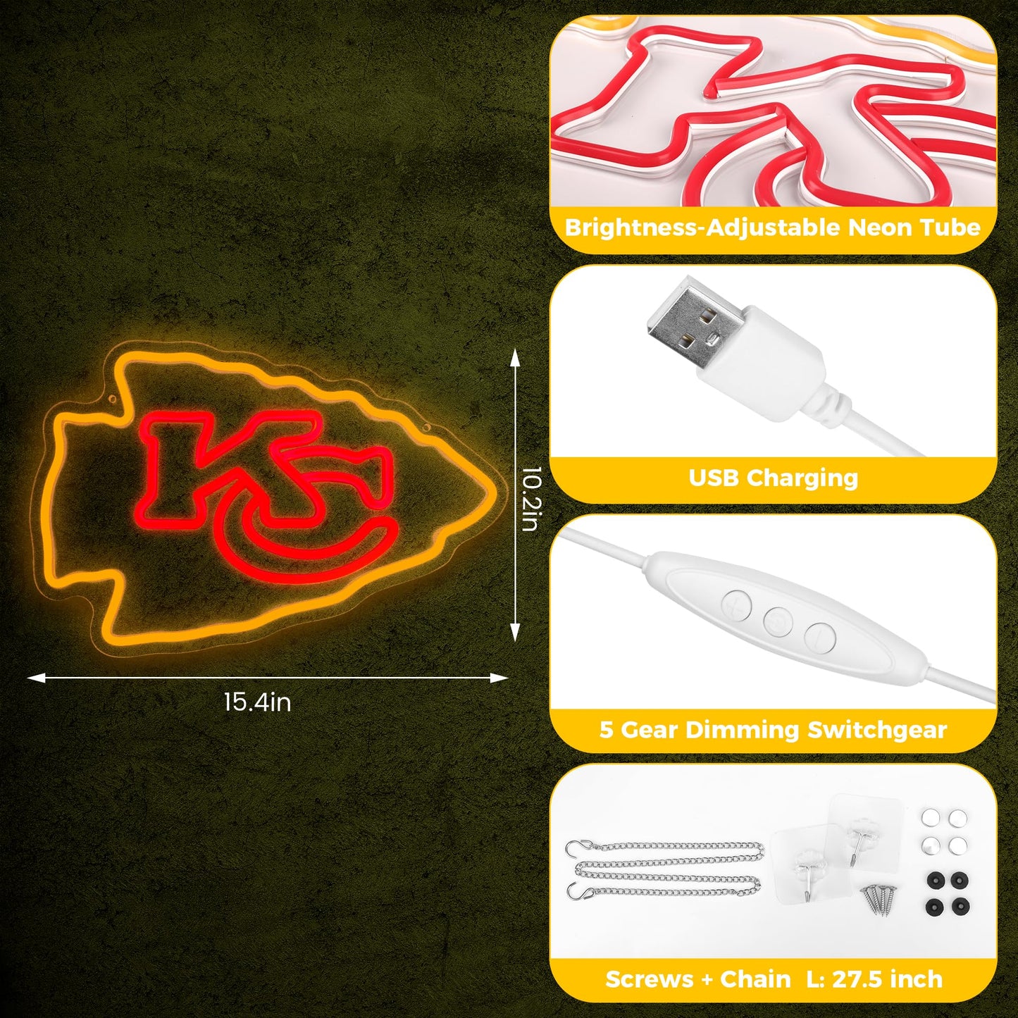Kansas City Chiefs Team Logo Football Neon Sign size