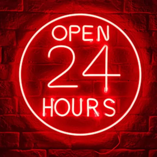 ‘OPEN 24 HOURS’ custom neon sign for restaurant shop decor light up your business