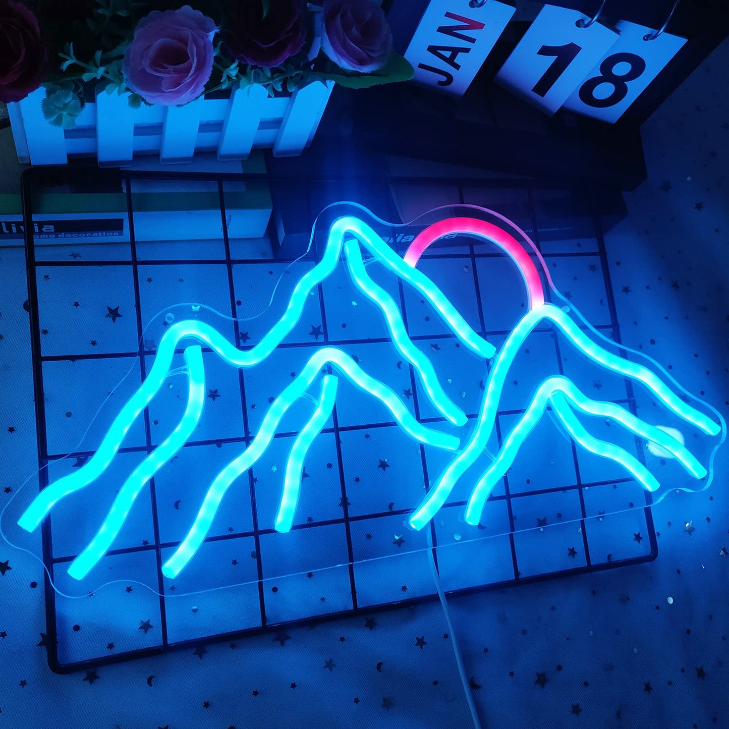 Dimmable Mountain Neon LED Light Sign, 16.9’’*8’’ Sunrise & Sunset for Bedroom, Living Room, Hotel, Wall Decor Christmas Gift (Ice Blue,Red)