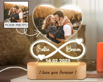 LOVELYPOD Personalized Gifts for Men Women, Night Light for Him, Custom Acrylic Heart Picture Frame with Photo, Customizable Gifts for Him Her Boyfriend Girlfriend, Infinite Love, Christmas Gifts