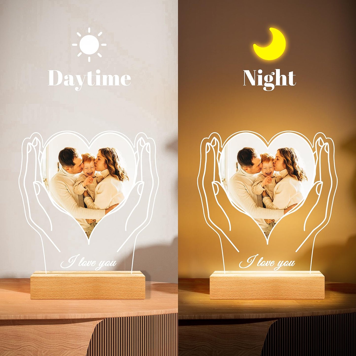 Custom Picture Frame with Photos, Customized Acrylic Plaque Photo Frames with Night Light, Personalized Birthday Gifts for Women Men Mom Dad Baby Kids Grandma Grandpa Family