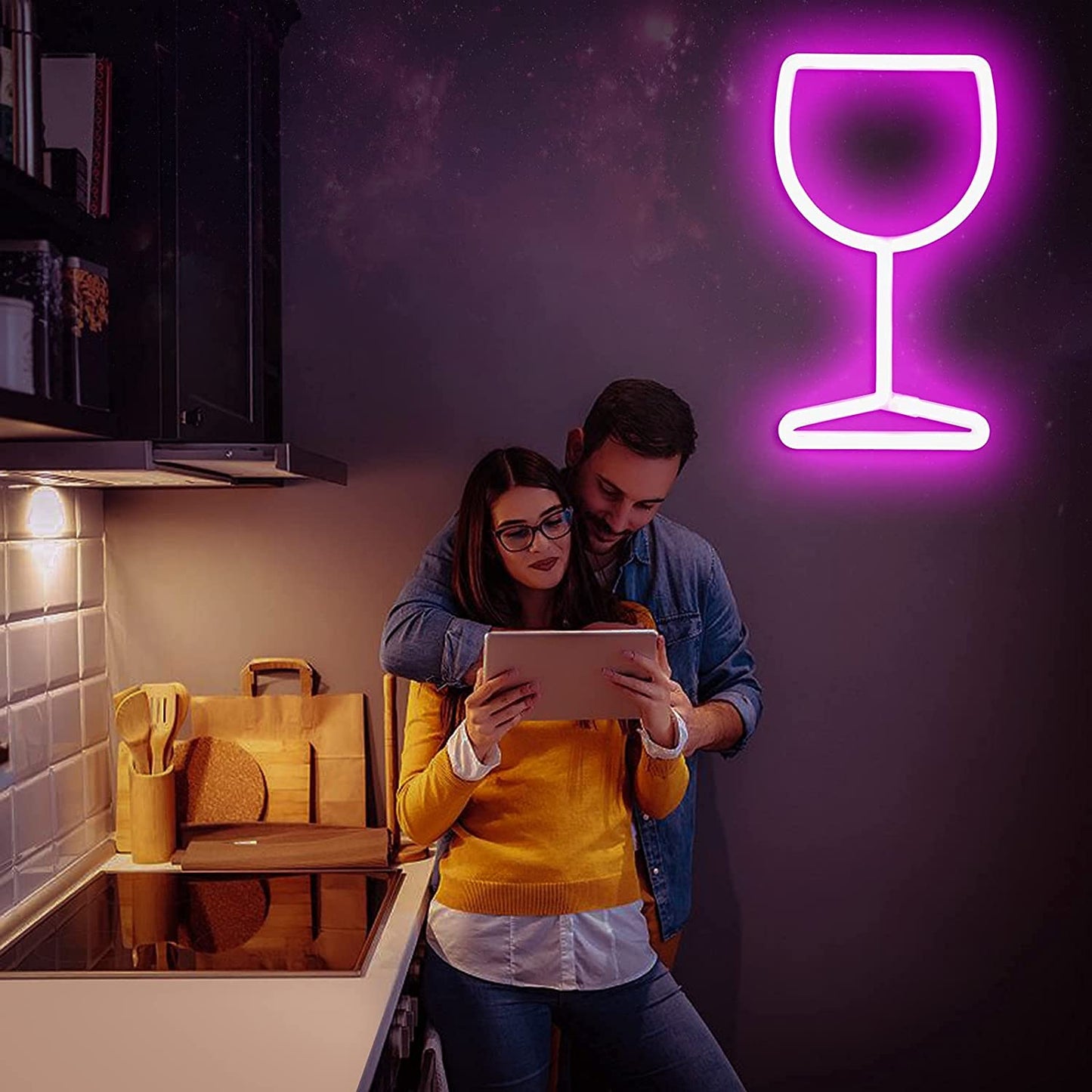 wine glasses neon sign bar & party neon sign rendering 2